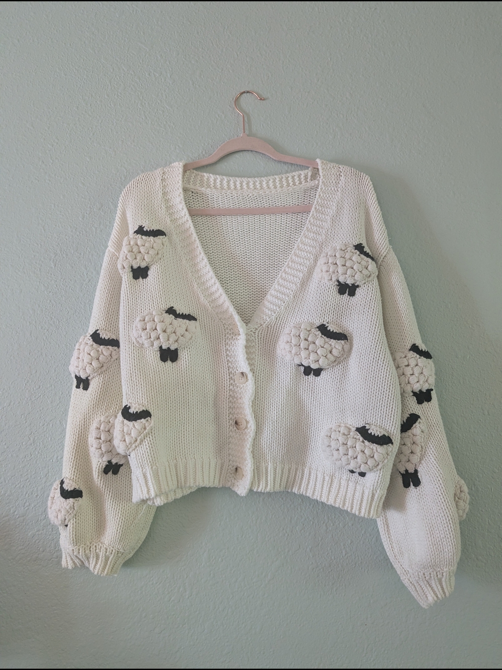 Francesca's Collections Cream Sheep Popcorn Knit Cardigan